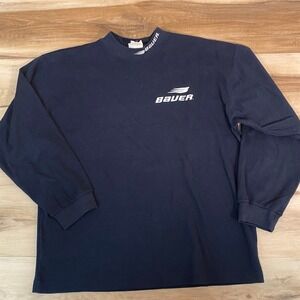 Bauer Long Sleeve Mock Neck Shirt Mens Large Navy Blue Logo Hockey Tee